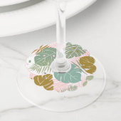 熱帯の葉 – モンステラとヤシの葉パターン ワイングラスタグ (クローズアップ)