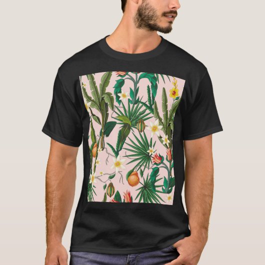 熱帯の葉、花、果実のパターン。 Tシャツ (正面)