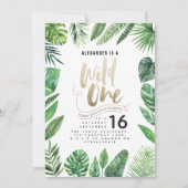 熱帯の葉+金ゴールドスクリプト野生の1つの誕生日 (正面)