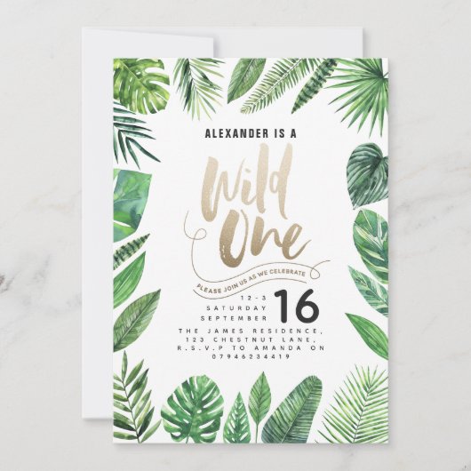 熱帯の葉+金ゴールドスクリプト野生の1つの誕生日 (正面)