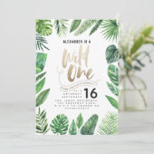 熱帯の葉+金ゴールドスクリプト野生の1つの誕生日 (スタンド正面)