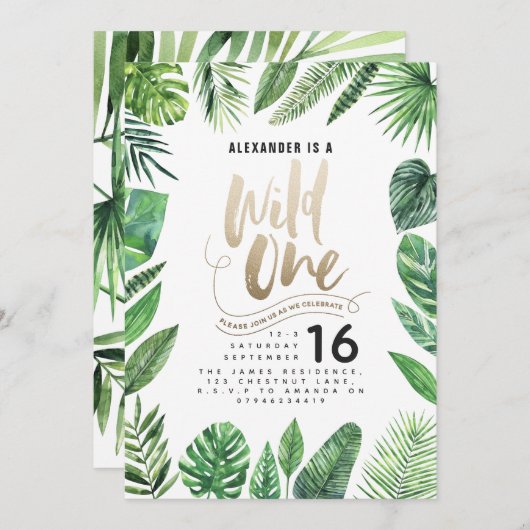 熱帯の葉+金ゴールドスクリプト野生の1つの誕生日 (正面/裏面)