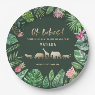 熱帯の葉+金ゴールド動物のツインベビーシャワー ペーパープレート