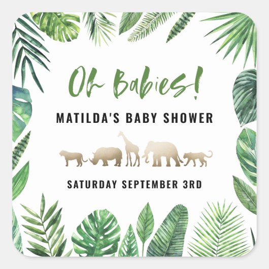 熱帯の葉+金ゴールド動物の赤ちゃんシャワーパーティー スクエアシール (正面)