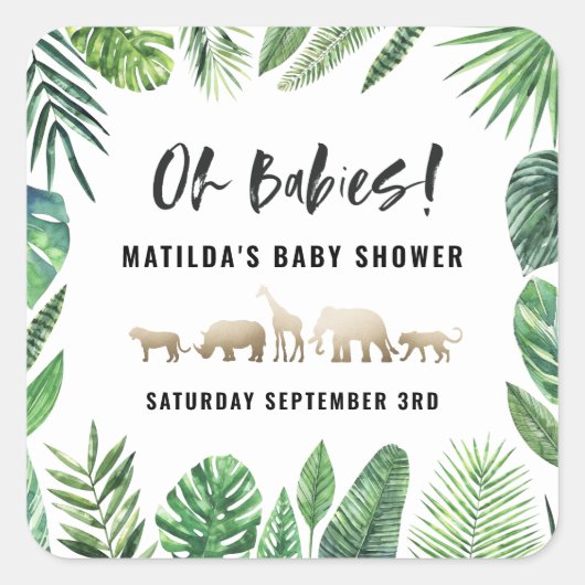 熱帯の葉+金ゴールド動物の赤ちゃんシャワーパーティー スクエアシール (正面)