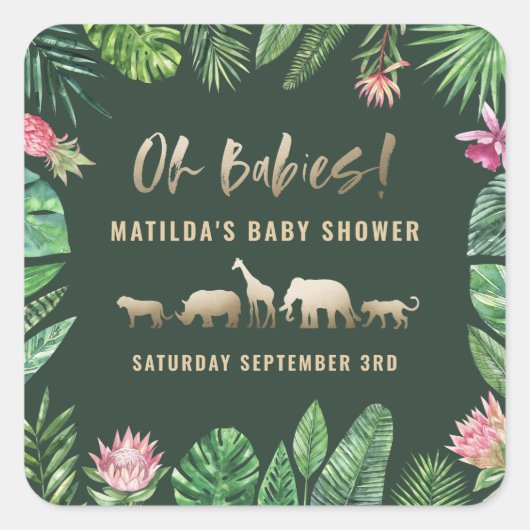 熱帯の葉+金ゴールド動物の赤ちゃんシャワーパーティー スクエアシール (正面)