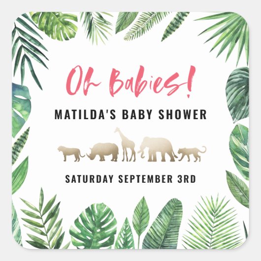 熱帯の葉+金ゴールド動物の赤ちゃんシャワーパーティー スクエアシール (正面)