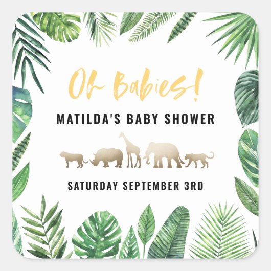 熱帯の葉+金ゴールド動物の赤ちゃんシャワーパーティー スクエアシール (正面)