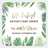 熱帯の葉+金ゴールド動物の赤ちゃんシャワーパーティー スクエアシール (正面)