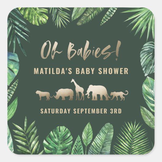 熱帯の葉+金ゴールド動物の赤ちゃんシャワーパーティー スクエアシール (正面)
