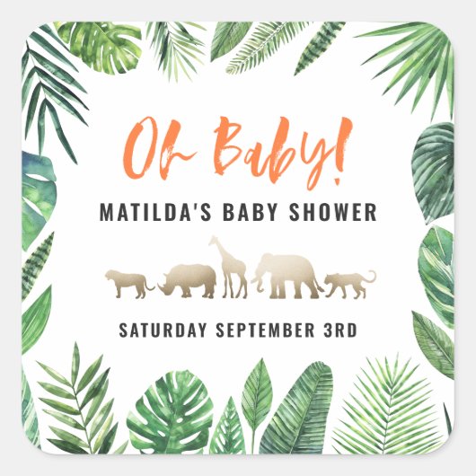 熱帯の葉+金ゴールド動物の赤ちゃんシャワーパーティー スクエアシール (正面)