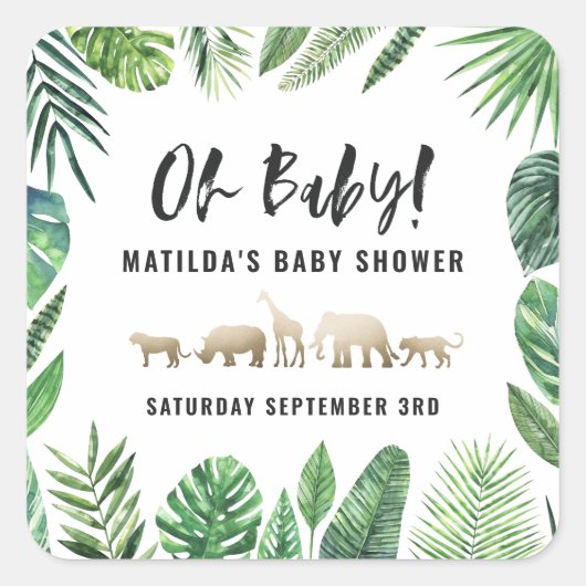 熱帯の葉+金ゴールド動物の赤ちゃんシャワーパーティー スクエアシール (正面)