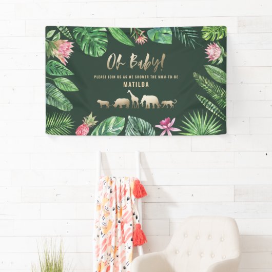 熱帯の葉+金ゴールド動物の赤ちゃんシャワーパーティー 横断幕 (インサイチュ)