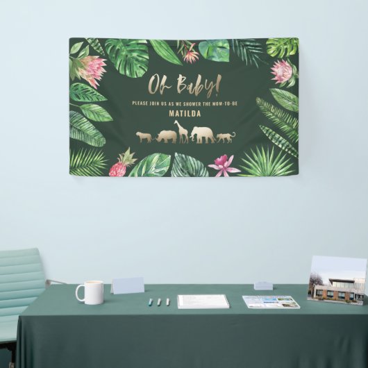 熱帯の葉+金ゴールド動物の赤ちゃんシャワーパーティー 横断幕 (トレードショー)
