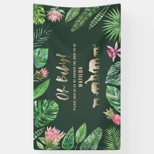 熱帯の葉+金ゴールド動物の赤ちゃんシャワーパーティー 横断幕 (縦)