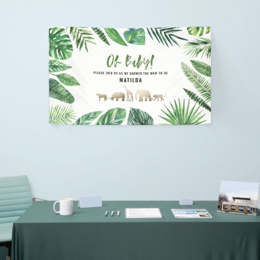 熱帯の葉+金ゴールド動物の赤ちゃんシャワーパーティー 横断幕 (トレードショー)