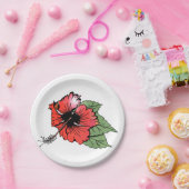 熱帯の赤いハイビスカスの花(緑離れの) ペーパープレート (パーティー)