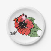 熱帯の赤いハイビスカスの花(緑離れの) ペーパープレート (正面)