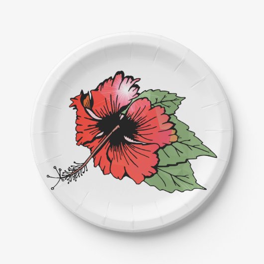 熱帯の赤いハイビスカスの花(緑離れの) ペーパープレート (正面)