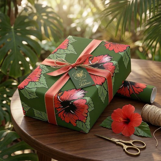 熱帯の赤いハイビスカスの花(緑離れの) ラッピングペーパー