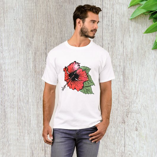 熱帯の赤いハイビスカスの花(緑離れの) Tシャツ