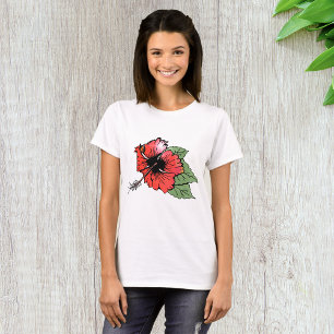 熱帯の赤いハイビスカスの花(緑離れの) Tシャツ
