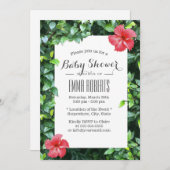 熱帯の赤いハイビスカスフラワーベビーシャワー 招待状 (正面/裏面)