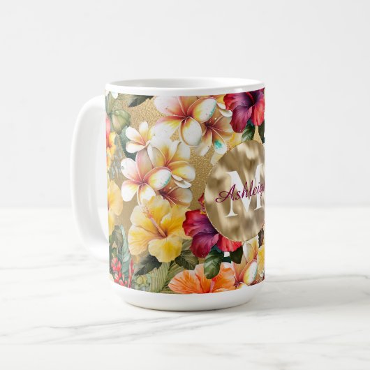 熱帯の赤い黄色のハイビスカスフラワーモノグラム コーヒーマグカップ (正面左)