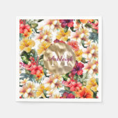 熱帯の赤い黄色のハイビスカスフラワーモノグラム スタンダードカクテルナプキン (正面)