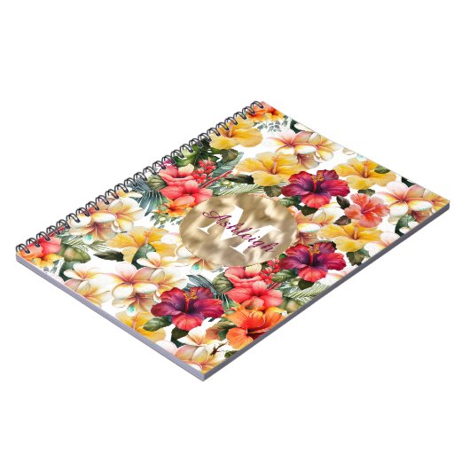 熱帯の赤い黄色のハイビスカスフラワーモノグラム ノートブック (左側)