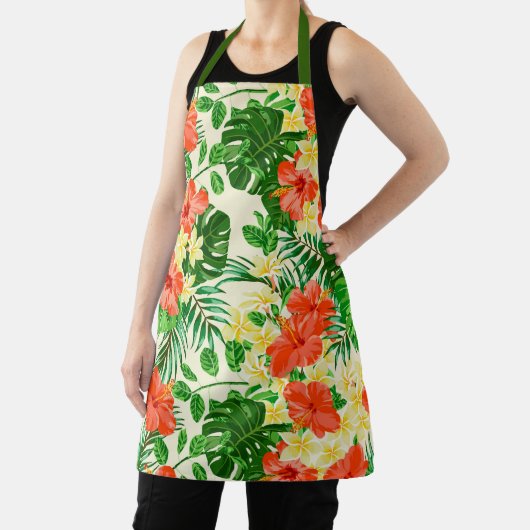 熱帯の赤い黄色の花緑豊かなパターン エプロン (インサイチュ)