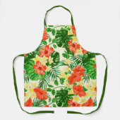 熱帯の赤い黄色の花緑豊かなパターン エプロン (正面)