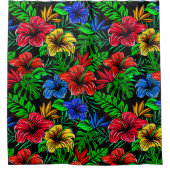 熱帯の赤い黄色の青いハイビスカスの花 シャワーカーテン (正面)