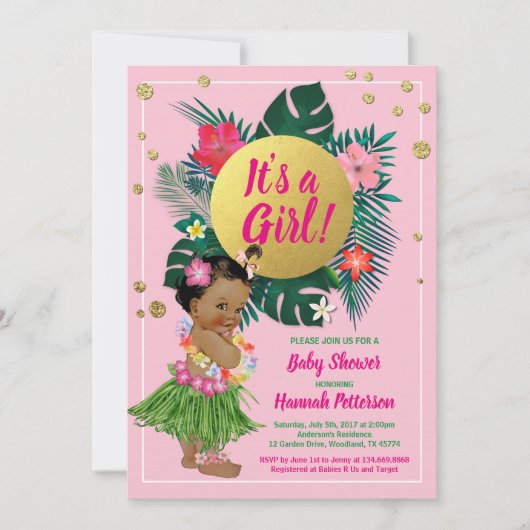 熱帯の赤ちゃんの女の子夫婦がピンクの金ゴールド 招待状 (正面)