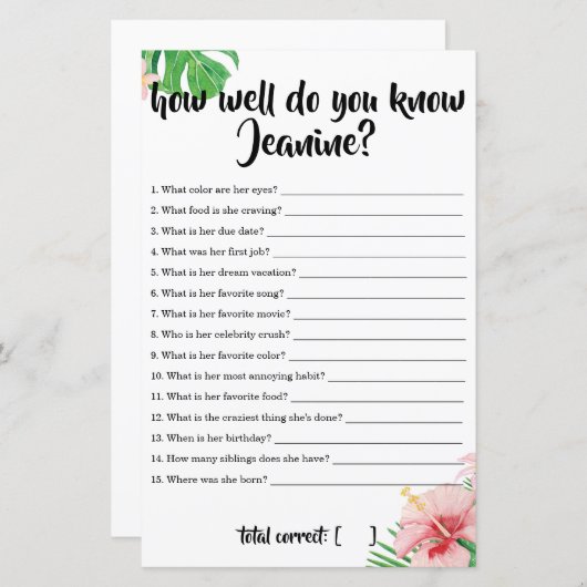 熱帯の赤ちゃんシャワーあなたがどれほど母親を知っているか (正面/裏面)