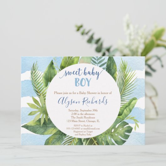 熱帯の赤ちゃんシャワー少年、甘い男の赤ちゃん緑 招待状 (スタンド正面)