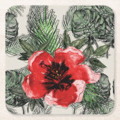 熱帯の赤と緑の水の色のフローラ スクエアペーパーコースター (正面)