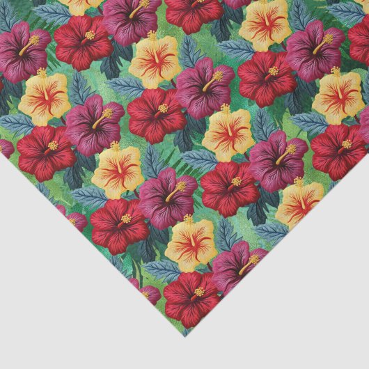 熱帯の赤と金ゴールドの緑の離れハイビスカス 薄葉紙 (詳細)