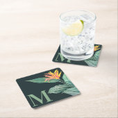 熱帯の開花植物オン・ダークティール(緑がかった色) モノグラムの スクエアペーパーコースター (インサイチュ)