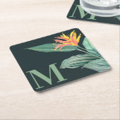 熱帯の開花植物オン・ダークティール(緑がかった色) モノグラムの スクエアペーパーコースター (アングル)