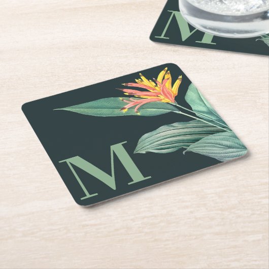 熱帯の開花植物オン・ダークティール（緑がかった色） モノグラムの スクエアペーパーコースター (アングル)