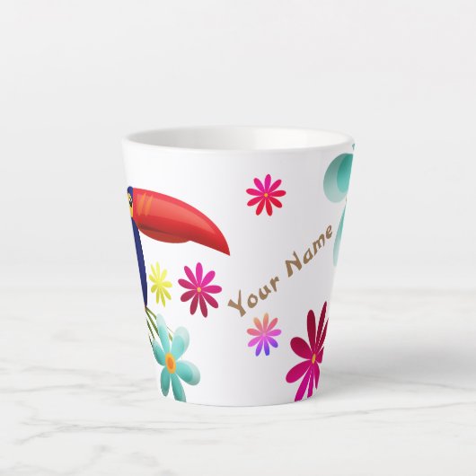 熱帯の雰囲気。ジャングル鮮やかの花。トゥカン鳥 カフェラテマグ (正面)