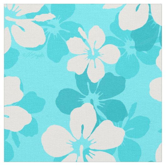 熱帯の青い白いハイビスカスの花のパターン ファブリック (クローズアップ)