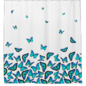 熱帯の青い蝶のパターンが白に退色 シャワーカーテン (正面)