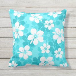 熱帯の青と白のハイビスカスの花模様 アウトドアクッション