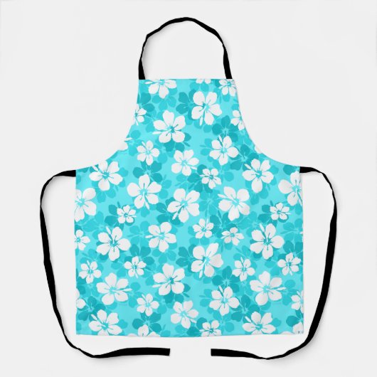 熱帯の青と白のハイビスカスの花模様 エプロン (正面)