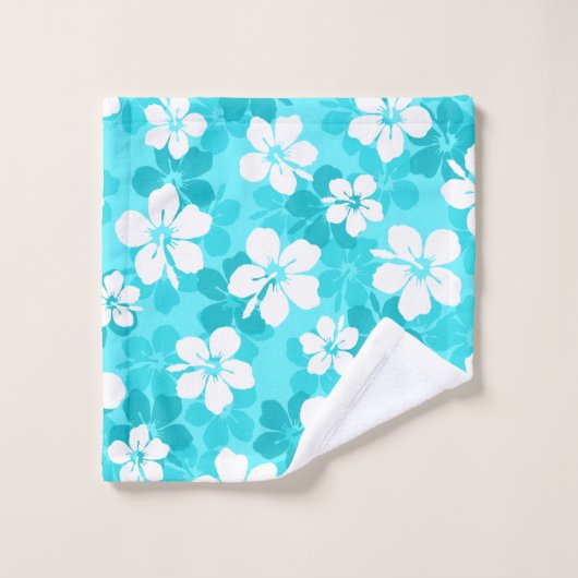 熱帯の青と白のハイビスカスの花模様 バスタオルセット (ウォッシュタオル)