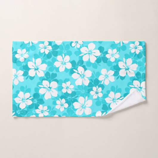 熱帯の青と白のハイビスカスの花模様 バスタオルセット (ハンドタオル)
