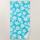 熱帯の青と白のハイビスカスの花模様 ビーチタオル (正面)