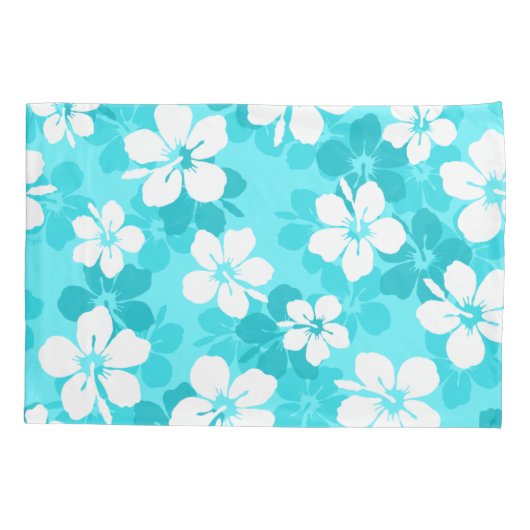 熱帯の青と白のハイビスカスの花模様 枕カバー (裏面)